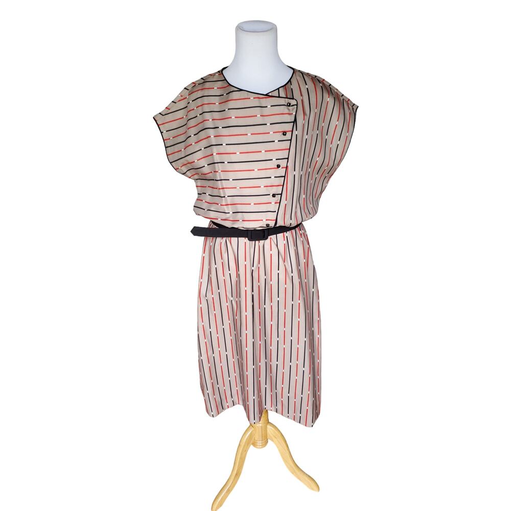 Vintage Joan Curtis Dress Striped Belted Short Sleeve Tan Black Red Sz 16